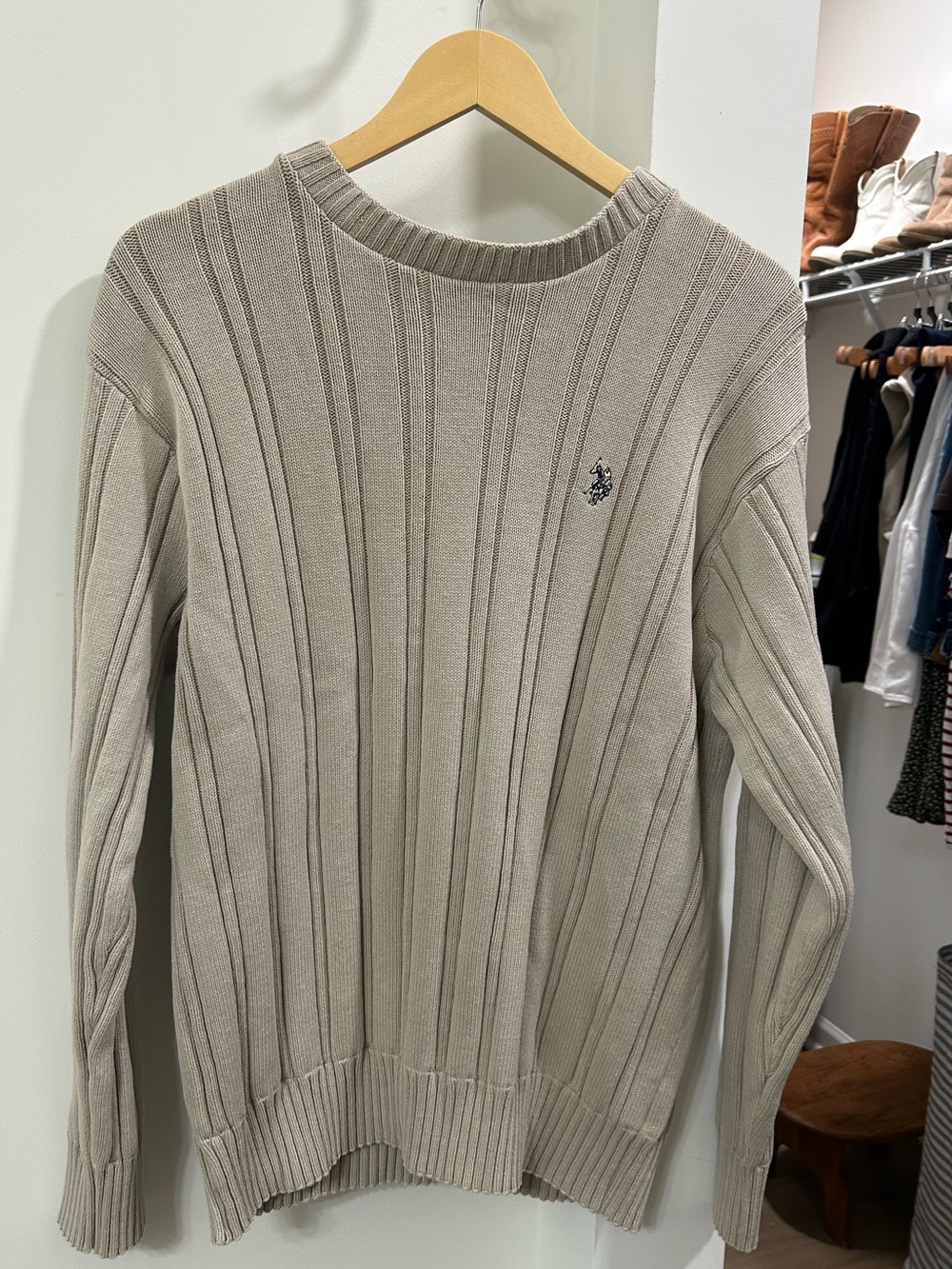 U.S. Polo Assn. Men's Crewneck Ribbed Sweater in Light Beige